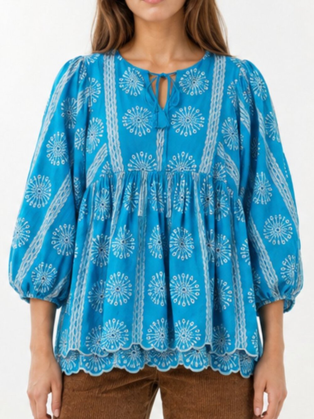 Entro Turquoise 100% Cotton Embroidered Boho Peasant Blouse Size Small